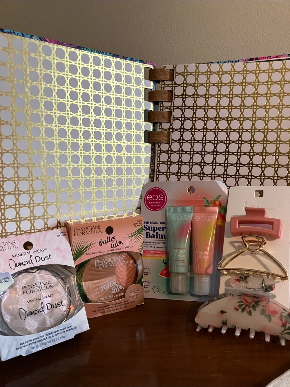 Lilly Pulitzer Notebook & 3hair clips, 2 PF Face powder, EOS lip&hand accessorys